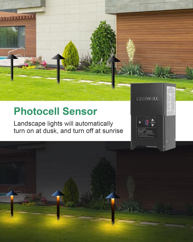 treewell 300W Low Voltage Landscape Transformer, Outdoor Landscape Lighting Transformer with Photocell Sensor & Timer, 120V AC to 12V/15V AC, Stainless Steel Waterproof Transformer, Black, ETL Listed - Image 3